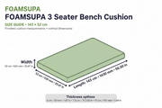 A size guide diagram for the FOAMSUPA 3 Seater Bench Cushion, showing a 3D rectangular cushion with labeled dimensions of 143 cm by 52 cm and arrows indicating width and length. The image includes thickness options at the bottom on a white background.