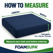 FOAMSUPA 3 inch seat cushion measurement guide in inches centimetres and millimetres