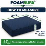 FOAMSUPA 4 inch seat cushion measurement guide in inches centimetres and millimetres