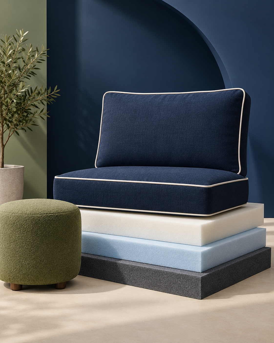 Navy replacement cushion displayed with layered upholstery foam