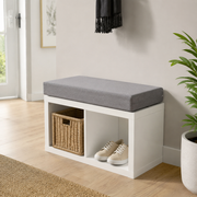 FOAMSUPA 76 x 38 x 5cm grey bench cushion on a white two-cube storage bench