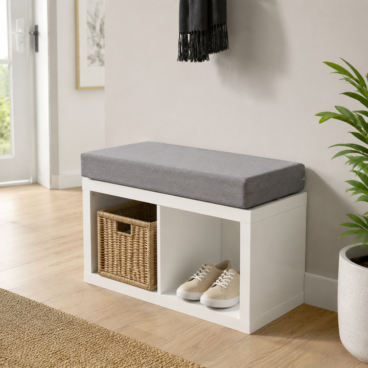 FOAMSUPA 76 x 38 x 5cm grey bench cushion on a white two-cube storage bench