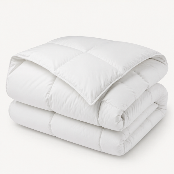 White microfibre hollowfibre duvet, folded on a white studio background