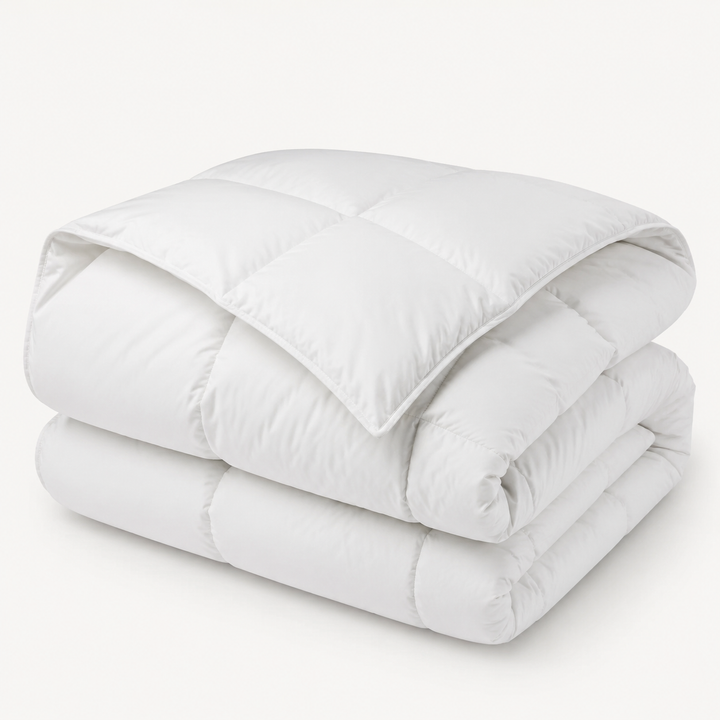 White microfibre hollowfibre duvet, folded on a white studio background