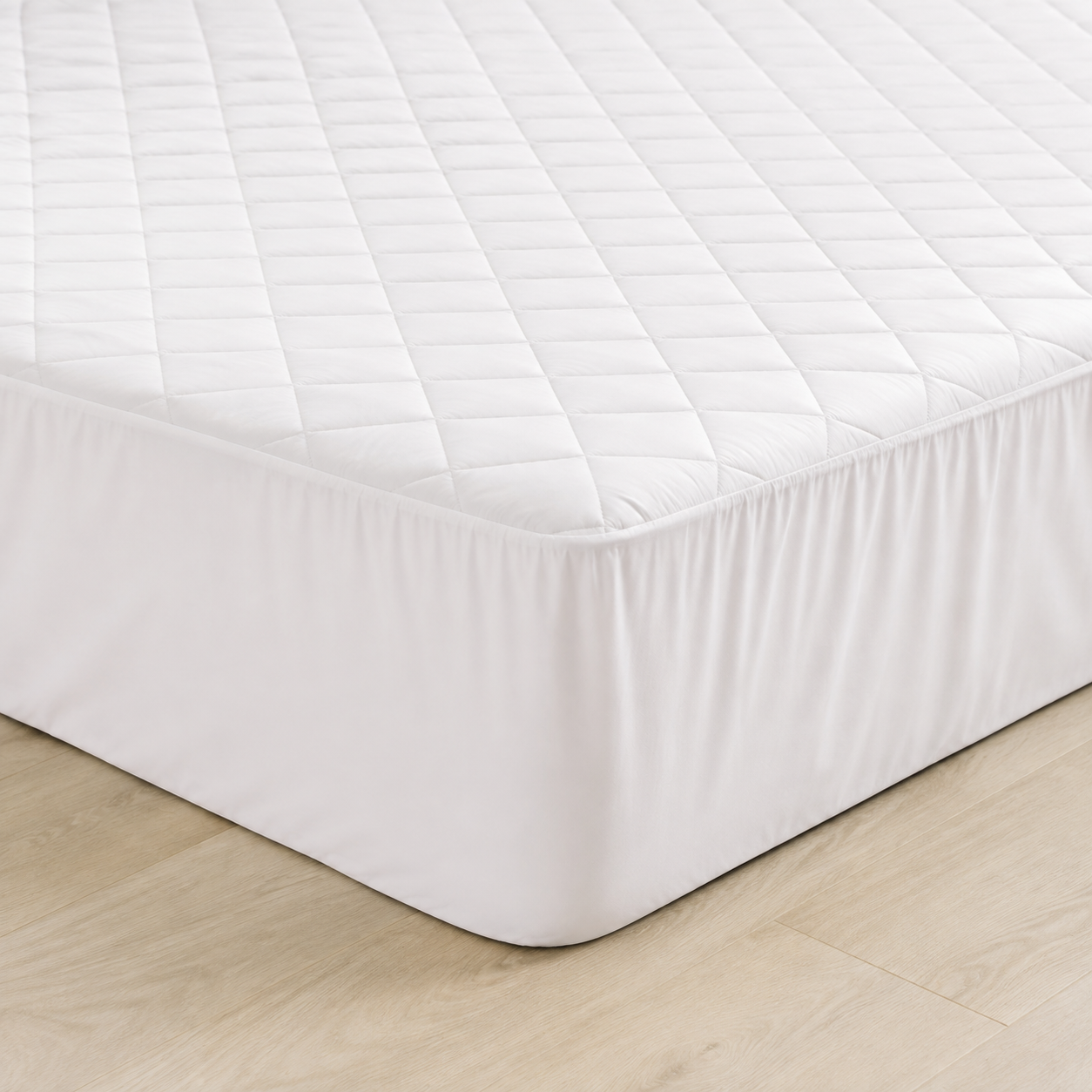 White quilted fitted mattress protector with a deep elasticated skirt